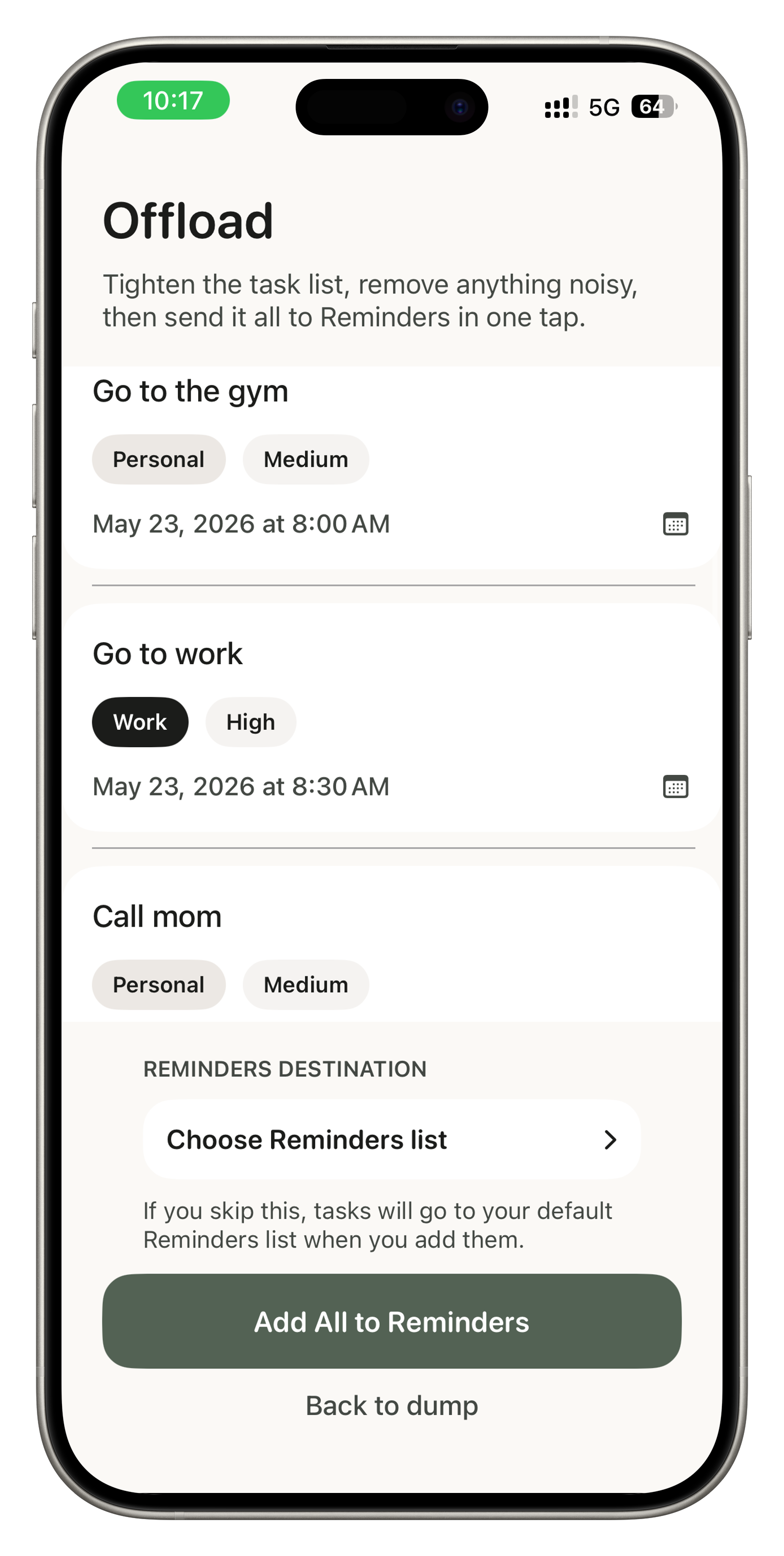Offload task review screen